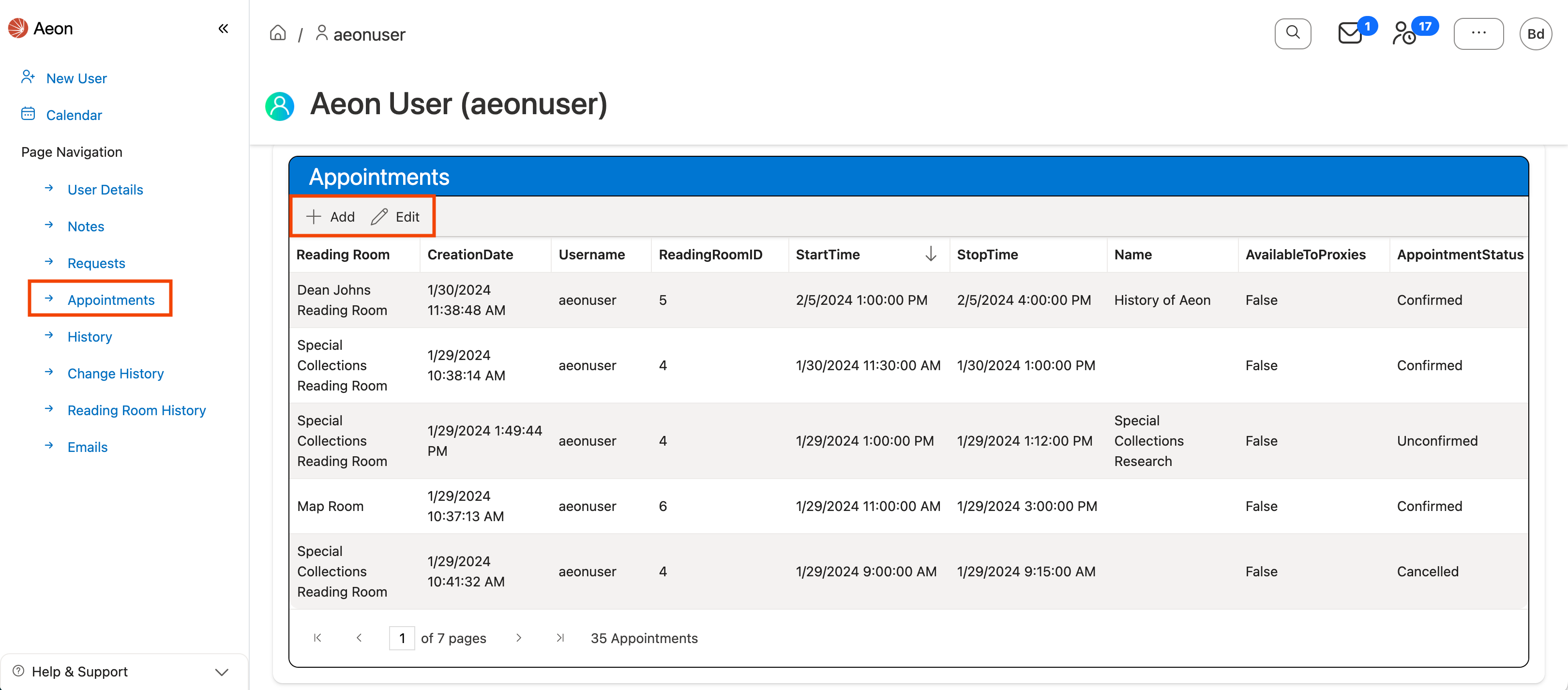 Appointments grid on User Information page